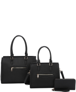 3 In1 Plain Zipper Satchel Bag with Bag and Wallet Set LF-22511 BLACK